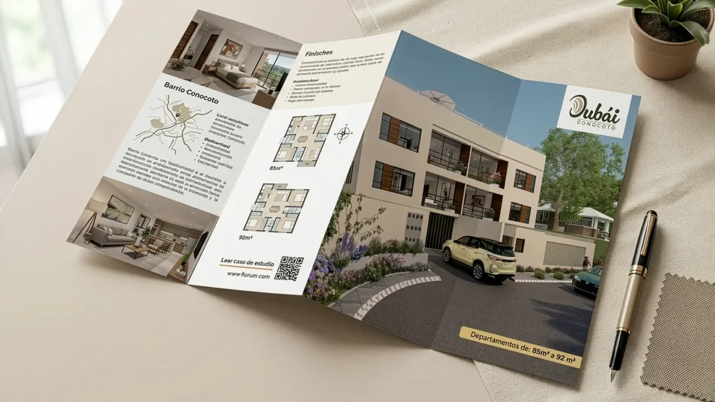 Mockup en perspectiva de brochure corporativo tríptico para el proyecto inmobiliario Dubái Conocoto, diseñado por Santiago Ávila Sandoval de Fiorum, mostrando la distribución editorial, planos de departamentos y diseño de portada.
