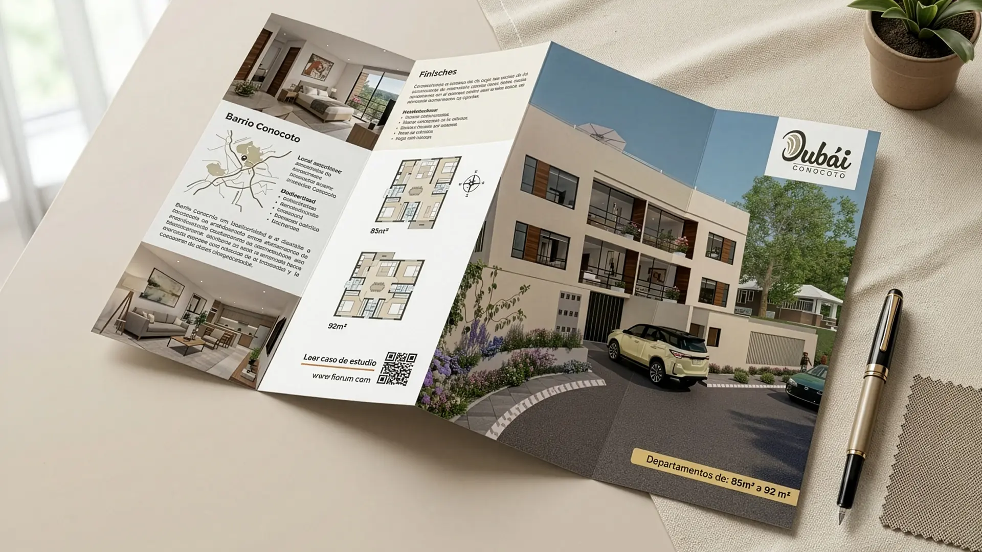 Mockup en perspectiva de brochure corporativo tríptico para el proyecto inmobiliario Dubái Conocoto, diseñado por Santiago Ávila Sandoval de Fiorum, mostrando la distribución editorial, planos de departamentos y diseño de portada.