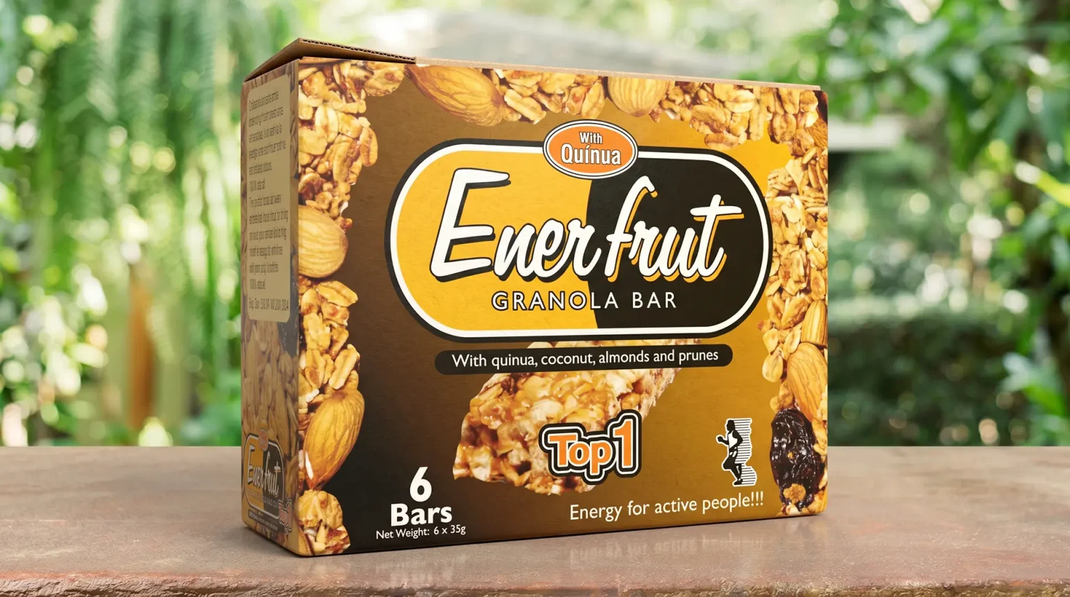 Caja Enerfrut Top1 de almendras, quinua, coco, ajonjolí diseñada por Santiago Avila
