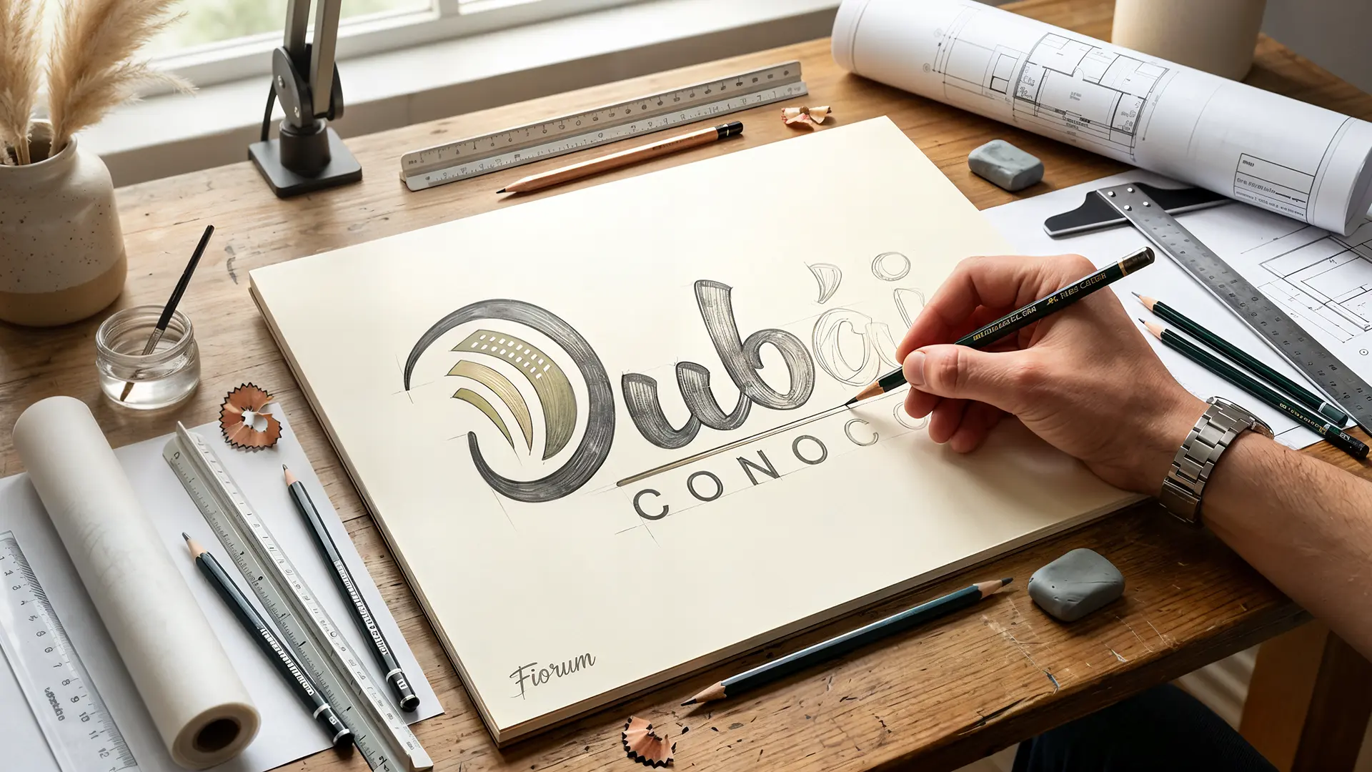 Proceso de diseño de logotipo e identidad visual para el proyecto inmobiliario Dubái Conocoto, diseñado por Santiago Ávila Sandoval de Fiorum, mostrando un boceto hecho a mano con lápiz sobre una mesa de dibujo técnico.