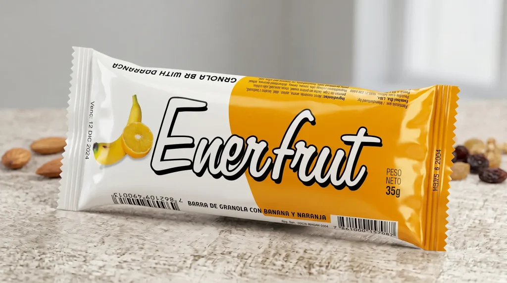 Empaque individual de barra de granola Enerfrut de banana diseñado por Santiago Avila S.