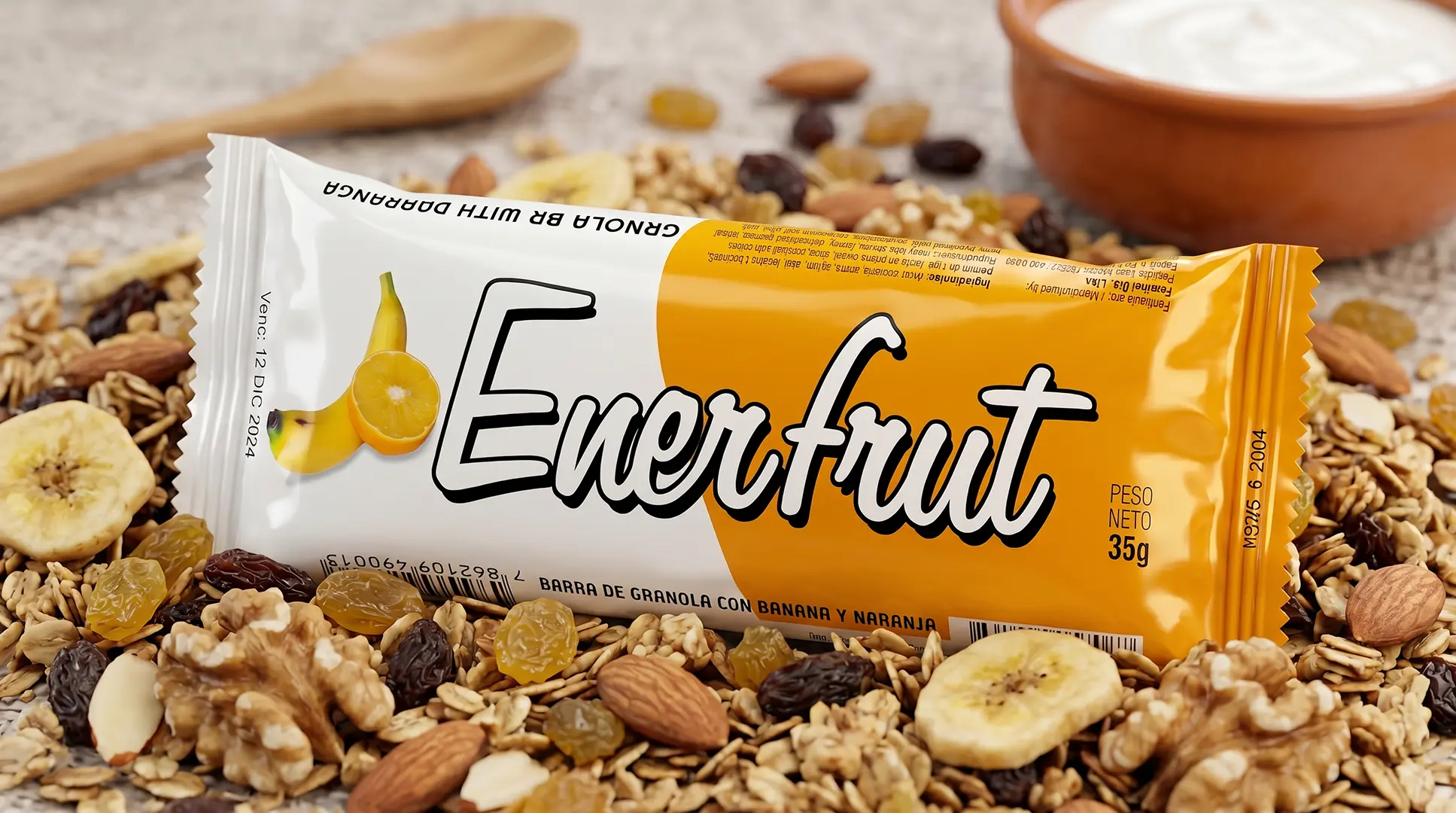 Empaque individual de barra de granola Enerfrut de banana diseñado por Santiago Avila S.