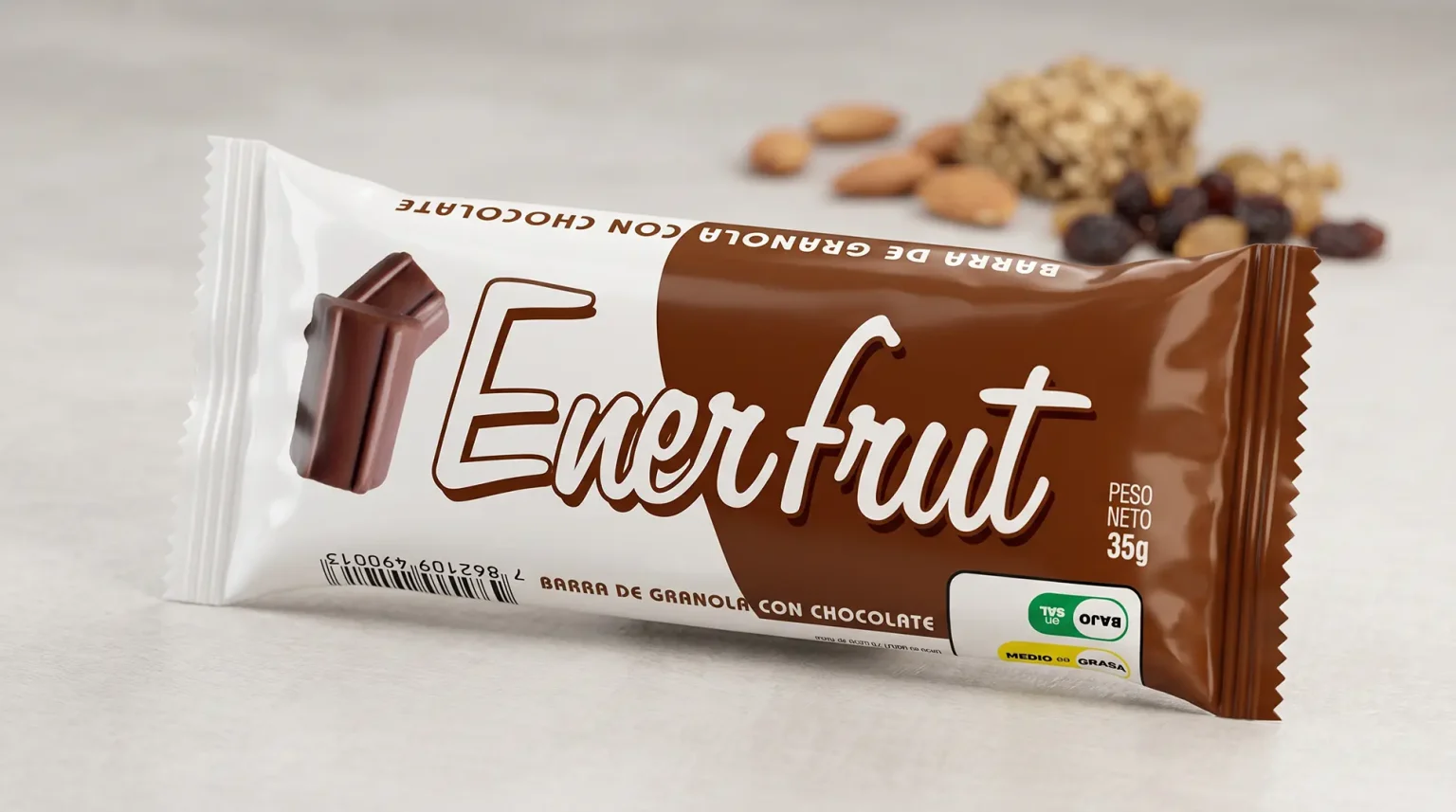Empaque individual de barra de granola Enerfrut de chocolate diseñado por Santiago Avila S.