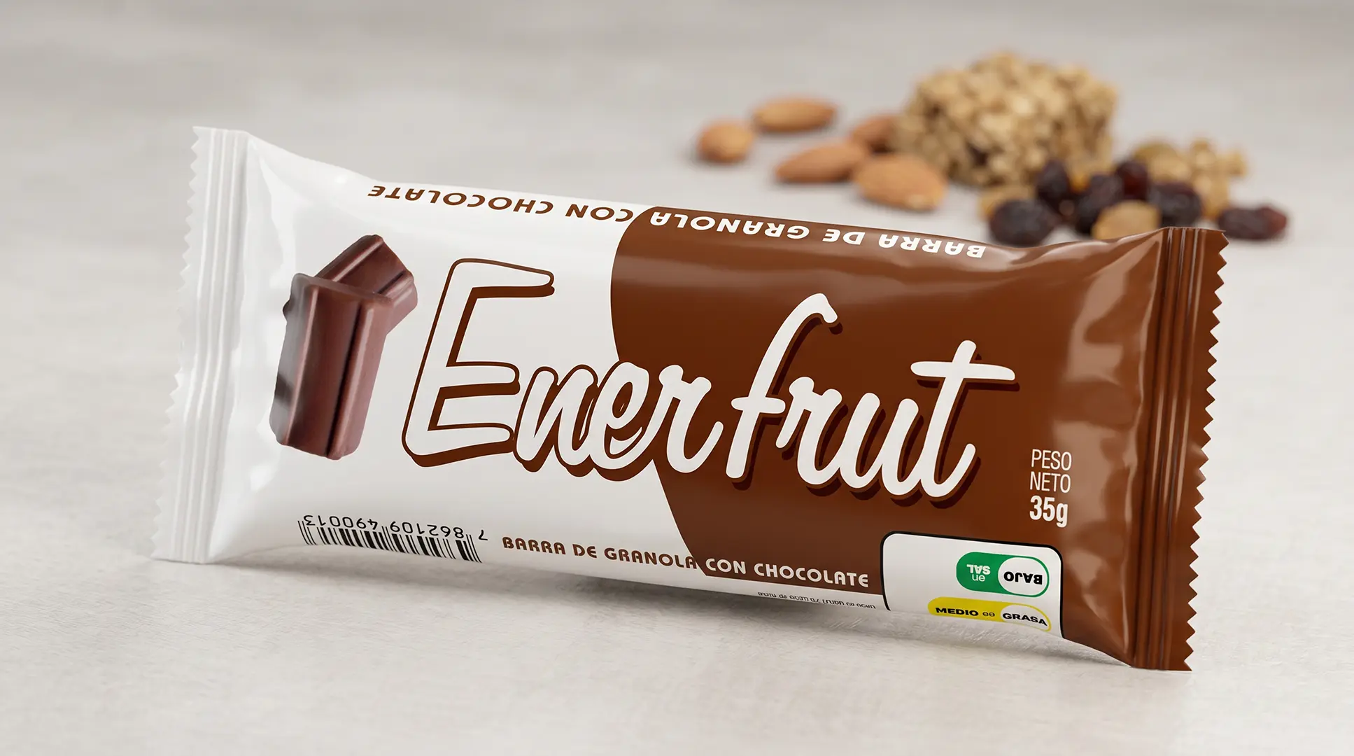 Empaque individual de barra de granola Enerfrut de chocolate diseñado por Santiago Avila S.