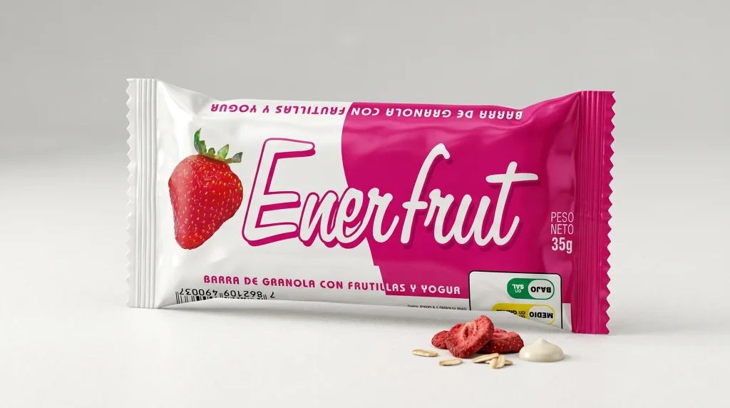 Empaque individual de barra de granola Enerfrut de fresa diseñado por Santiago Avila S.