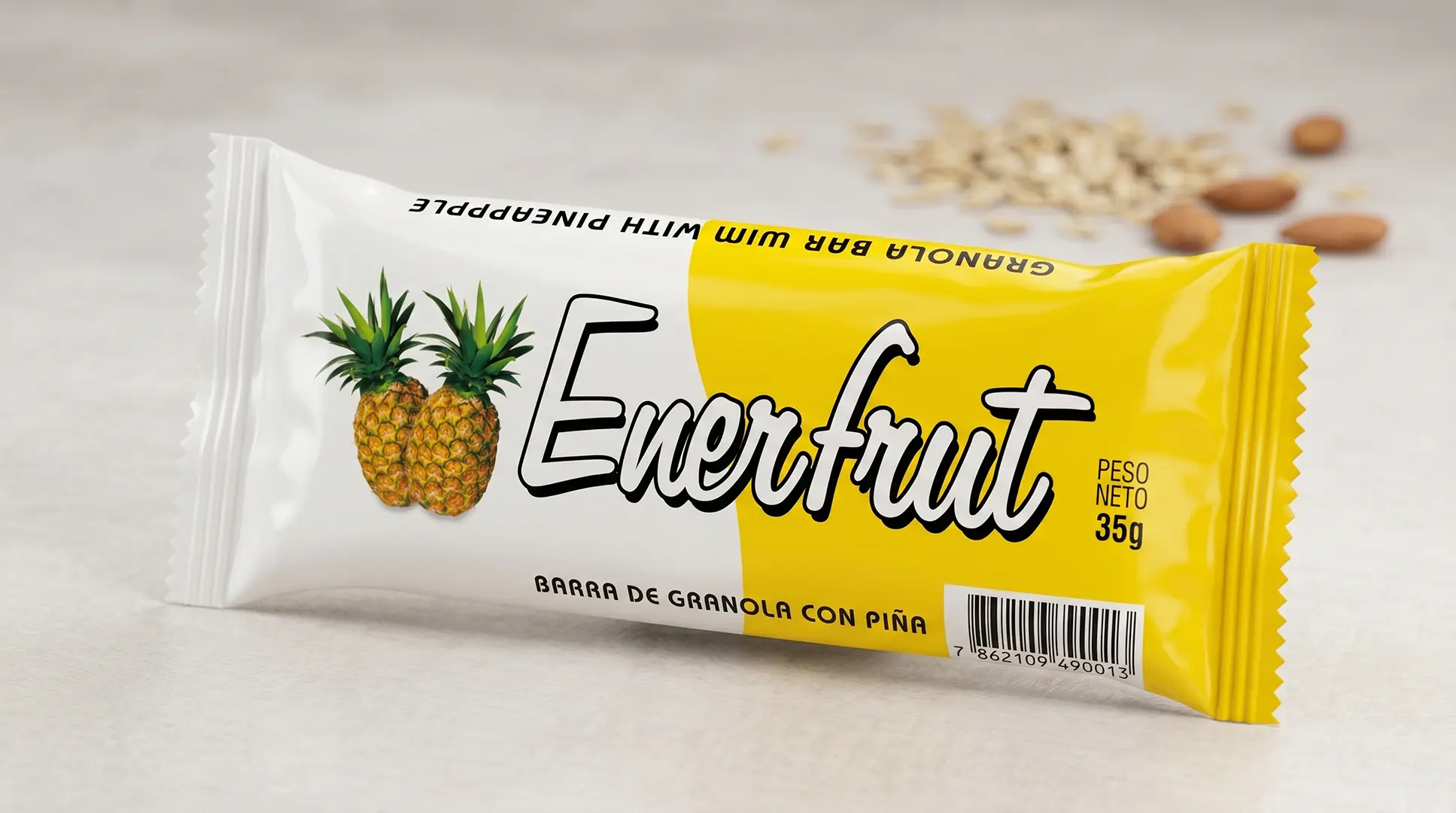 Empaque individual de barra de granola Enerfrut de piña diseñado por Santiago Avila S.