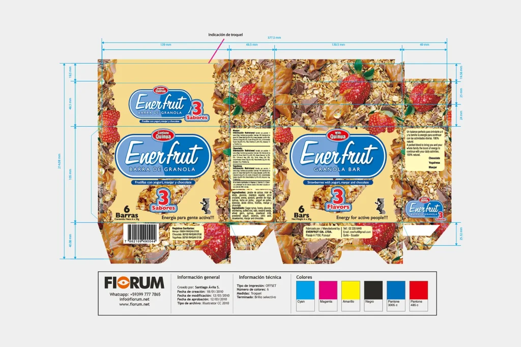Plano mecánico de caja de 6 unidades Enerfrut 3 Sabores diseñado por Santiago Avila S.