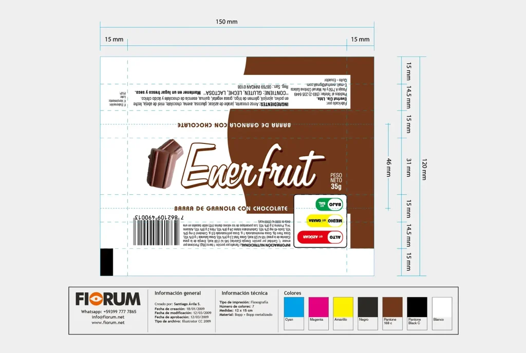 Plano mecánico de empaque individual Enerfrut Chocolate diseñado por Santiago Avila S.