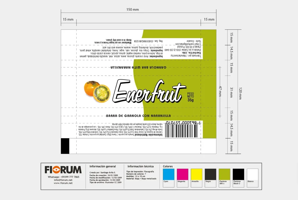 Plano mecánico de empaque individual Enerfrut Naranjilla diseñado por Santiago Avila S.