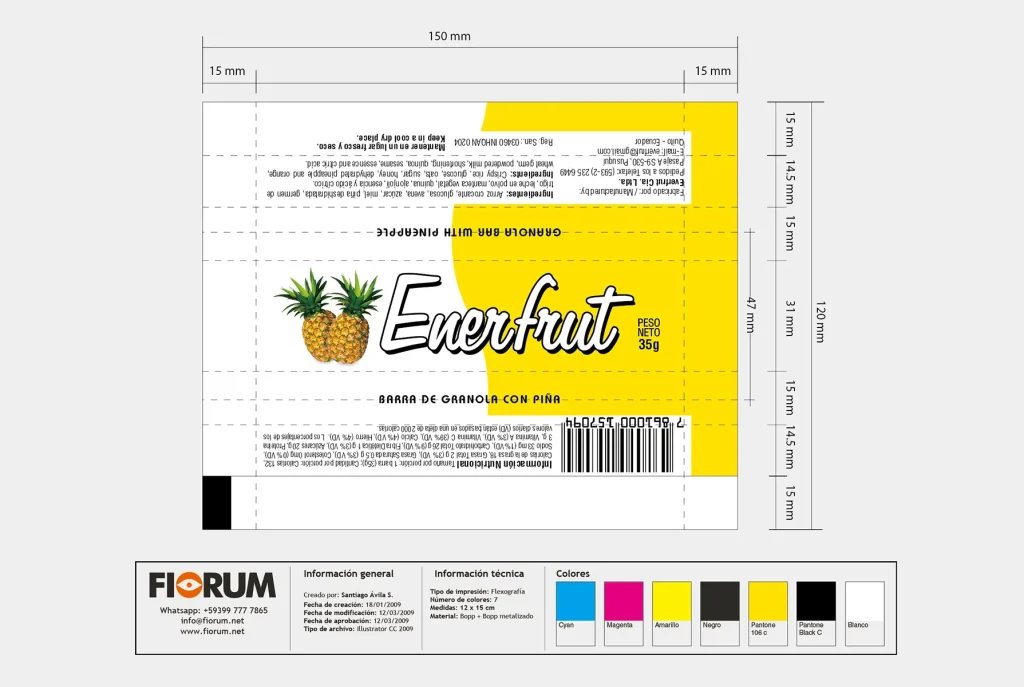 Plano mecánico de empaque individual Enerfrut Piña diseñado por Santiago Avila S.