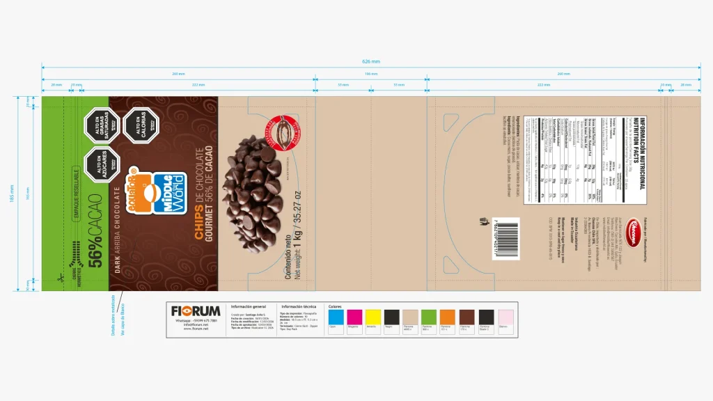 Plano mecánico de doypack Chips de Chocolate 56% de Cacao Middle of the World por Santiago Avila S.