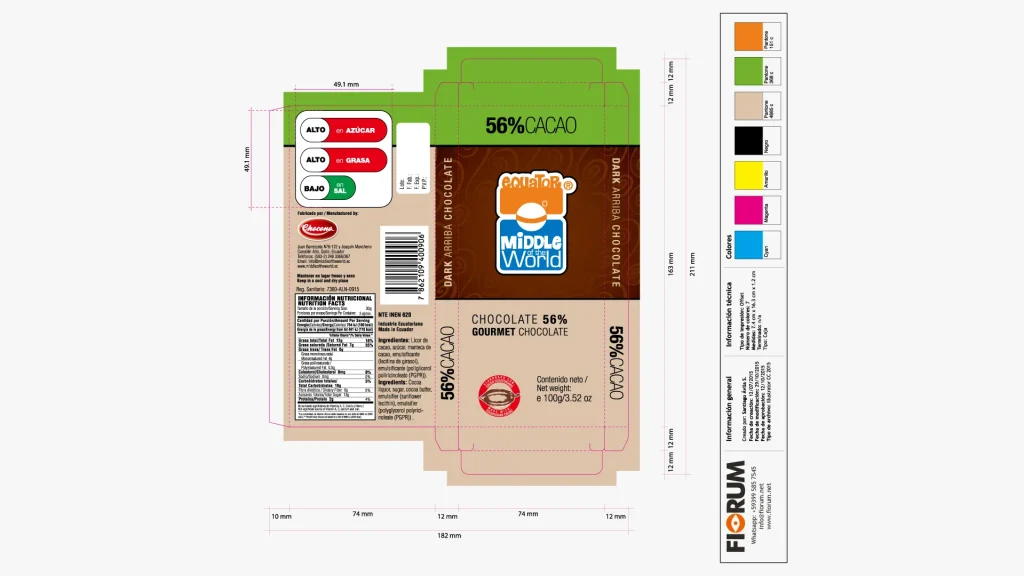 Plano mecánico de Tableta de Chocolate Gourmet 56% de Cacao Middle of the World por Santiago Avila S.
