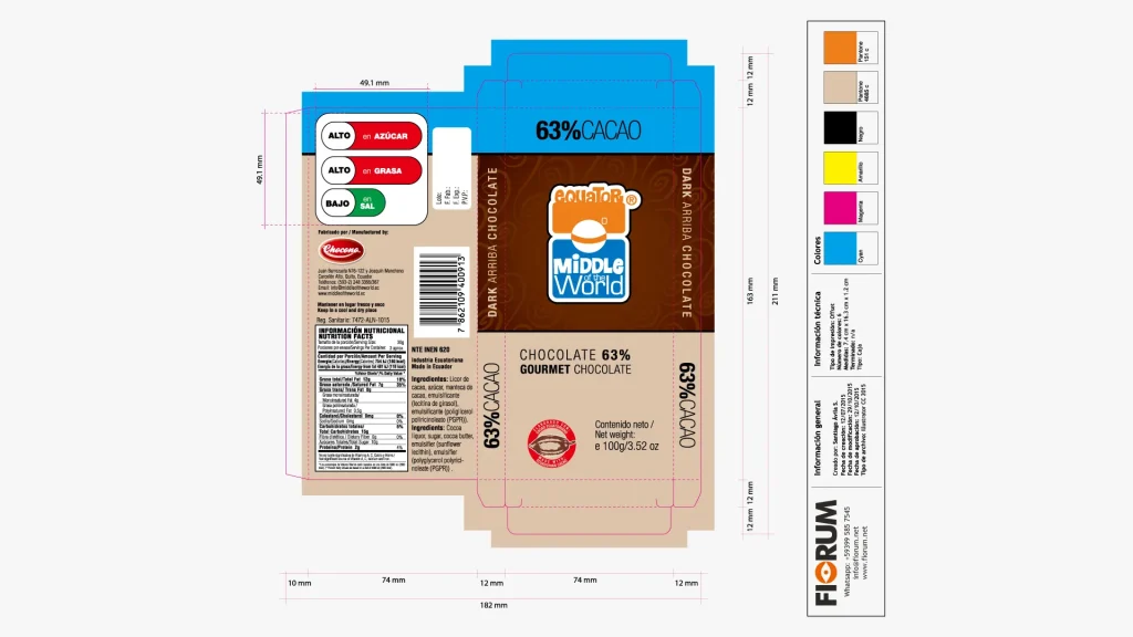 Plano mecánico de Tableta de Chocolate Gourmet 63% de Cacao Middle of the World por Santiago Avila S.
