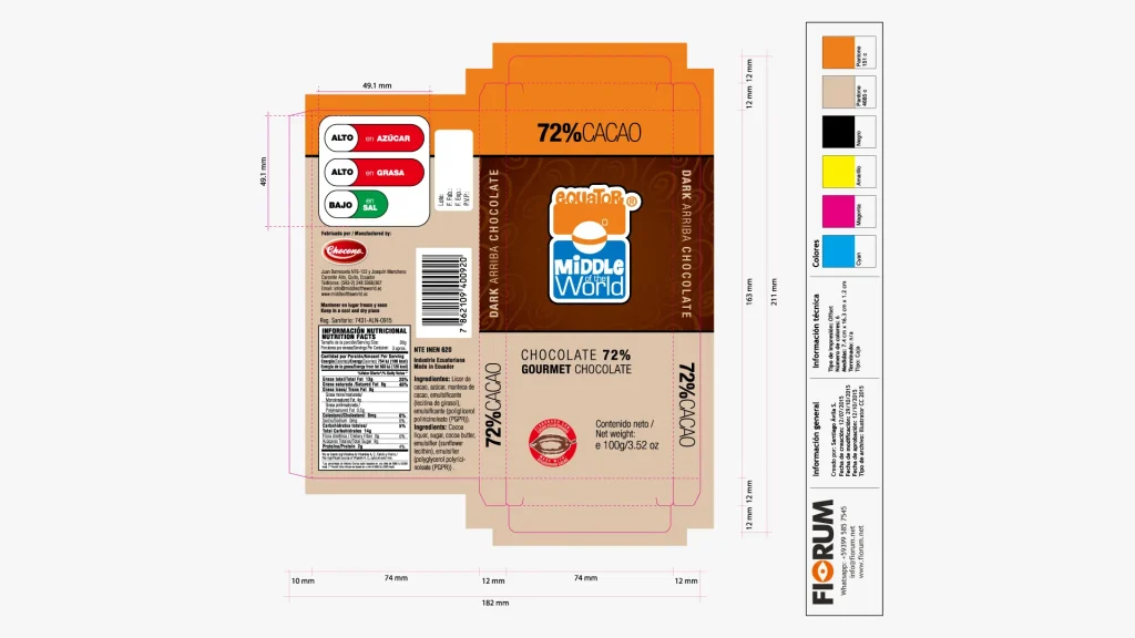 Plano mecánico de Tableta de Chocolate Gourmet 72% de Cacao Middle of the World por Santiago Avila S.