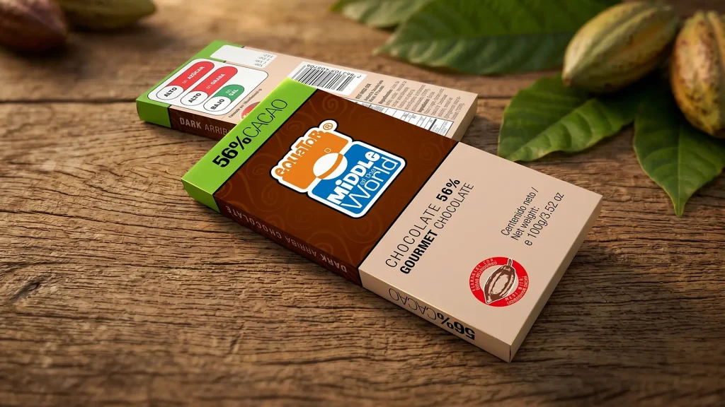 Mockup caja de tableta Middle of the World 56% de Cacao diseñado por Santiago Avila S.