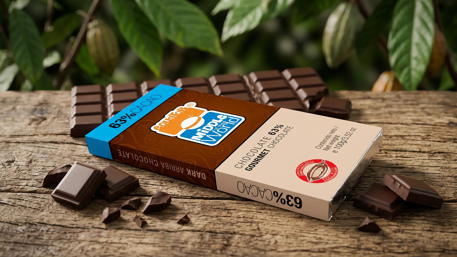 Mockup de tableta de Chocolate Middle of the World 63% de Cacao 100g diseñado por Santiago Avila S.