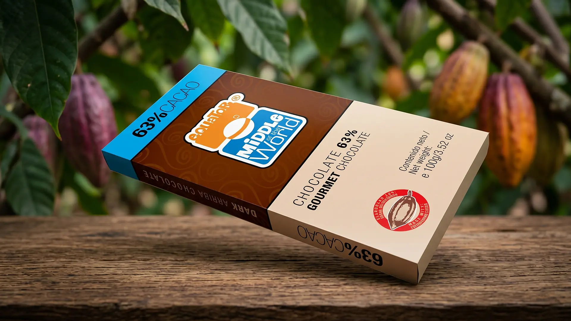 Mockup de tableta de Chocolate Middle of the World 63% de Cacao 100g diseñado por Santiago Avila S.