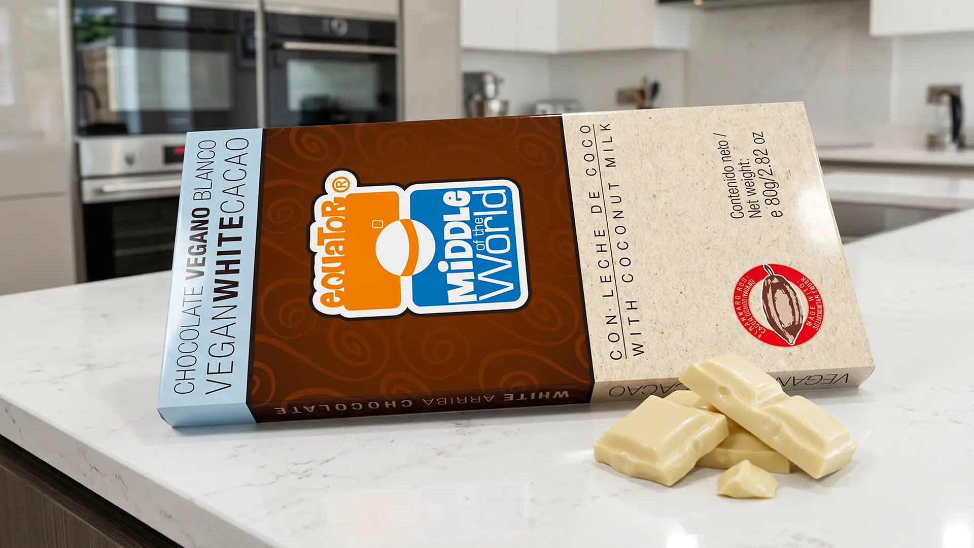 Mockup box of Vegan Chocolate Bar 80g Middle of the World designed by Santiago Avila S.