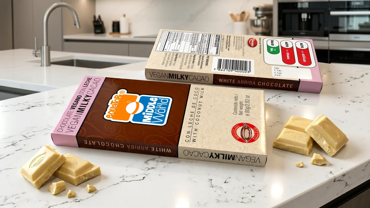 Mockup de tableta de Chocolate Vegano con leche Middle of the World 80g diseñado por Santiago Avila S.