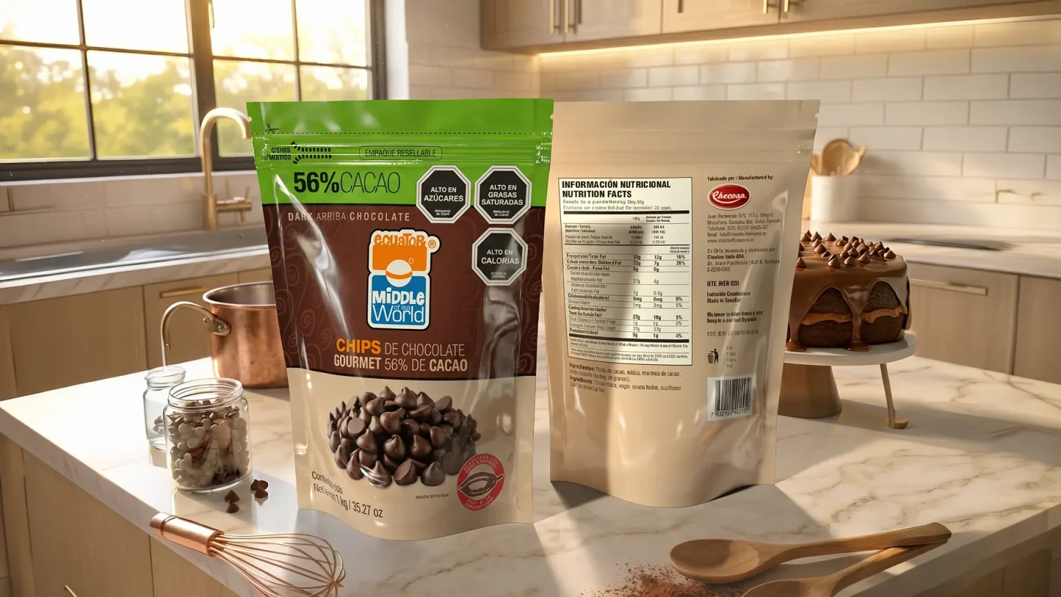 Mockup de doypack Chocolate Chips 56% de Cacao Middle of the World diseñado por Santiago Avila S.