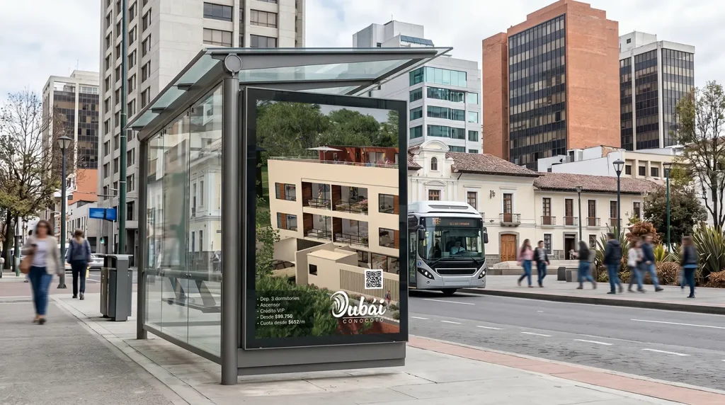 Mockup de estación de bus con publiciddad del proyecto Dubái Conocoto por Santiago Avila