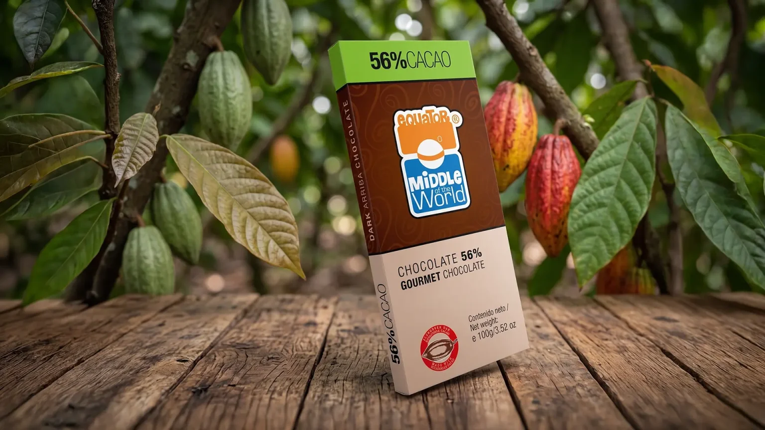 Mockup de tableta de Chocolate Middle of the World 56% 100g diseñado por Santiago Avila S.